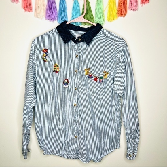 Cabin Creek Seersucker Stripe Button Down Long Sleeve Christmas Shirt Medium P - Picture 10 of 10